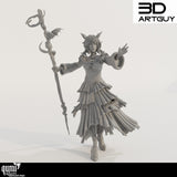 Front view of 3D-printed human wizard miniature holding a staff with a small dragon accent