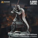 Field Marshal Kurt Williams miniature in a dynamic combat pose holding a long sword on a rocky base.