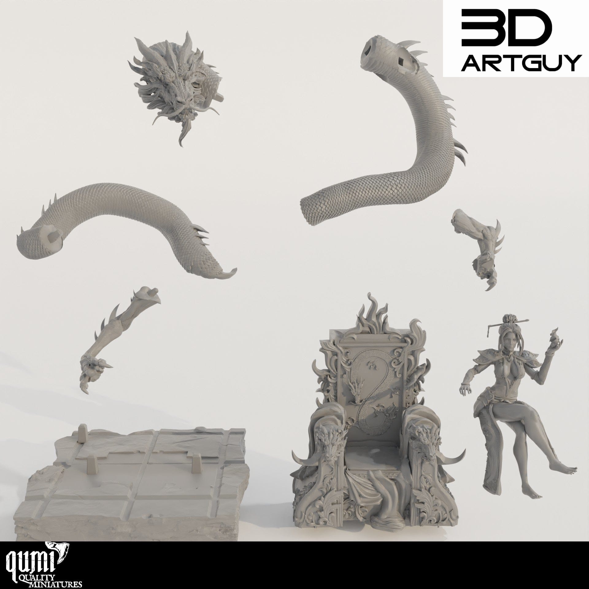 Tabletop RPG Miniature Fire Dragon Queen on Throne - Qumi Quality Miniatures - Qumi Wargaming Mini Model Figure