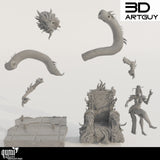 Exploded view showing the unassembled parts of the Fire Dragon Queen and throne miniature