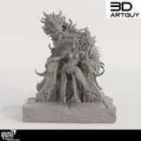 Front view of the 3D-printed Fire Dragon Queen sitting on a highly detailed dragon throne