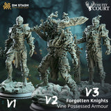 Drei Varianten der Forgotten Knights Miniatur: Weinbewachsene Rüstungen in den Ausführungen V1, V2 und V3 nebeneinander präsentiert.