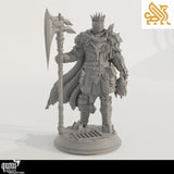 Full body 3D render of a crowned warrior holding an axe and a severed head.