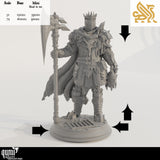 Gray 3D render of armored executioner with axe and scale reference chart.
