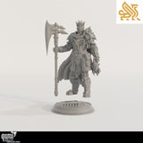 Front view of Gerhardt the Unwavering 3D-printed resin miniature on a round base