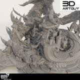 Digitales 3D-Modell, Vogelperspektive auf die detaillierte Schlange und Figuren.