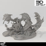 Digitales 3D-Modell aus seitlicher Rückansicht mit Flügeln und Sockel.