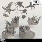 Explosionsansicht der verschiedenen 3D-gedruckten Harzteile für das Schlangen-Diorama