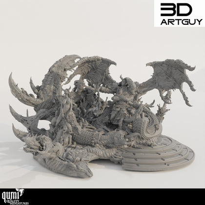 Full assembled view of the large Hedonist snake creature diorama on a circular base