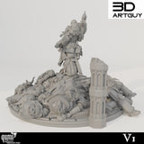 Side profile view of the armored warrior model showing detailed armor plating and the ruins on the circular base.