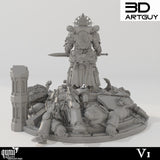 Back view of the resin knight miniature highlighting ornate armor and backpack details