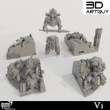Exploded view showing individual 3D printed resin parts of the knight and battlefield debris