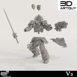 Einzelteile einer Sci-Fi-Krieger-Miniatur mit Schwert, Bolter, Köpfen sowie gepanzertem Torso und Beinen.