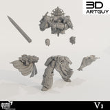 Nicht zusammengebaute graue Resinbauteile einer Sci-Fi-Krieger-Miniatur mit Torso, Beinen, Köpfen und Zubehör.