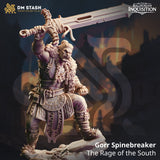 Dynamische 3D-gedruckte Ork-Krieger Miniatur aus Resin mit großem Schwert, neutralgraue Oberfläche.