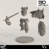 Unmontierte Resin-Bauteile des gepanzerten Kriegers inklusive Torso, Beinen, Umhang, Schwertarm, Schild und Base.