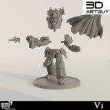 Einzelteile der 3D-gedruckten Miniatur, bestehend aus Torso, Armen, Kopf und Umhang