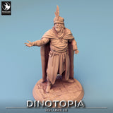 Erhöhte Perspektive der Haggle Lord NPC Miniatur mit ausgebreiteten Armen und strukturiertem Base in Steinoptik.