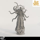 Perspective view of the assembled grey resin monster miniature on a stone-style base.