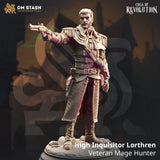 High Inquisitor Lorthren miniature, a bearded man in a long coat aiming a flintlock pistol, 3D-printed in gray resin.