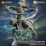 Dynamic human sword fighter miniature mid-air with dual blades and a decorative water base