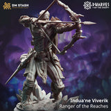 Human ranger miniature drawing a bow, standing on a crystal base, 32mm scale tabletop figure.