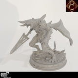 Side profile of the horned spear fighter in a dynamic, aggressive pose.