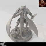 Back view of the horned humanoid miniature showing wings and a long tail.