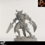 Front view of a gray, horned creature with a spear on a detailed rocky base.
