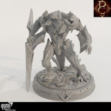 Front-facing view of the armored spear fighter miniature, highlighting the muscular build and sharp weapon design.