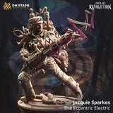 3D-printed resin miniature of Jacquie Sparkes, an inventor character wielding an electric rifle, shown in a static product pose.