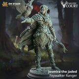 Unpainted 3D-printed resin miniature of an elf ranger with an owl familiar on her arm, set on a circular base.