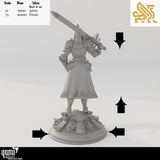 Rear view of knight miniature with sword on shoulder, standing on a round ornate base with scale chart overlay.
