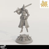 Full body 3D-printed resin Paladin miniature shown hovering above its display base