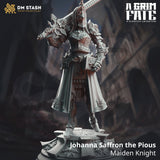 Johanna Saffron the Pious Paladin miniature, cinematic front view with detailed armor and sword