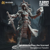Front view of Johanna Saffron the Scorned, a resin Paladin miniature holding a sword and an open book.
