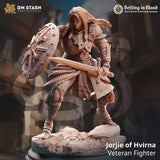 Jorjie of Hvirna human fighter miniature with sword and shield standing on a rock base