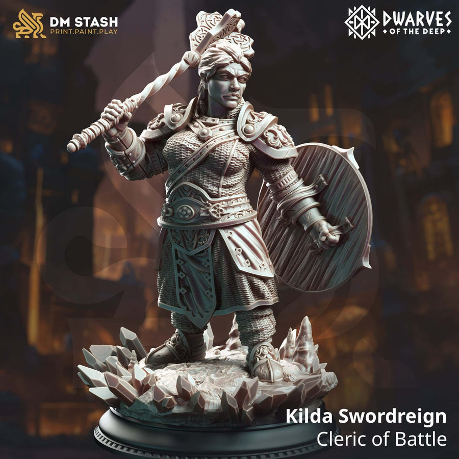 Kilda the Human Cleric 3D-printed resin miniature standing on a crystal base with a warhammer and shield.