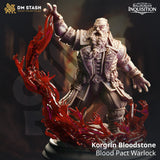 3D-gedruckte Resin Warlock Miniatur in einer dynamischen Zauberpose mit blutroten, halbtransparenten Magie-Effekten.