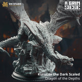Kuriazor the Dark Scaled Dragon 3D-printed resin miniature diorama on a circular base viewed from a high front angle