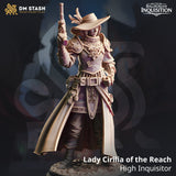 3D-printed resin miniature of Lady Cirilia, an Inquisitor with a wide-brimmed hat holding a flintlock pistol.