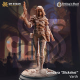 Resin-Miniatur der Schurkin Lendara mit Steinschlosspistole auf felsiger Base in einer 3D-Darstellung