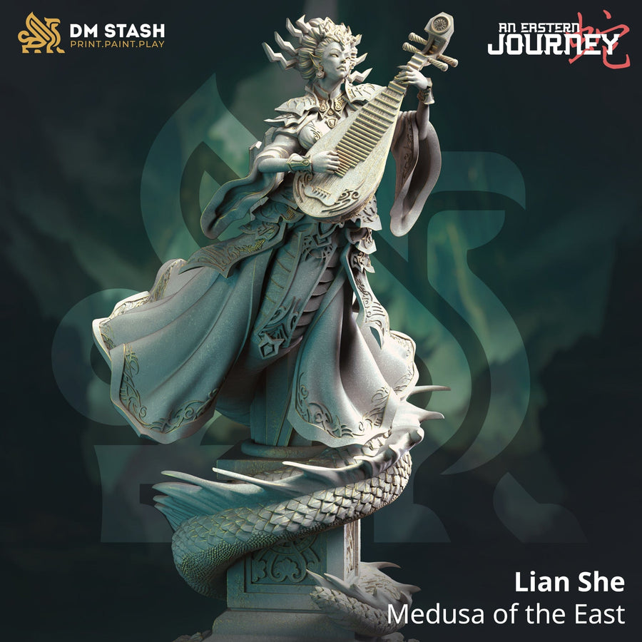 3D-gedruckte Resin-Miniatur von Lian She, einer Medusa im östlichen Stil mit Schlangenschwanz beim Spielen eines traditionellen Instruments
