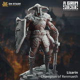 3D-printed resin miniature of Lizarin, a human fighter standing with sword and shield, shown in a front-facing display pose.