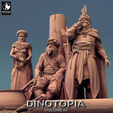 Nahaufnahme der drei Miniatur-Charaktere und der Steinruinen im Dinotopia Resin-Set