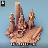 Perspektive von oben auf das Fantasy-Diorama mit Ruinen, Figuren und zerbrochenen Säulen