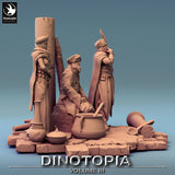 Seitenansicht des 3D-gedruckten Tabletop-Dioramas mit stehenden Charakteren und Kochtopf