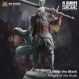 3D-printed resin miniature of Lothar the Black Knight standing with a massive greatsword, detailed plate armor, and flowing cloak.