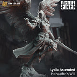 Lydia Ascended knight miniature with feathered wings and sword in a dynamic combat pose
