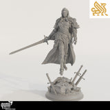 Render of a female knight miniature, showing the figure hovering above her sword-adorned rocky base.